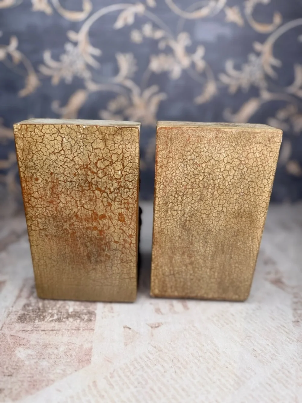 Vintage Ornate Bookends Faux Bois Resin Wood Gilt Scroll Pair